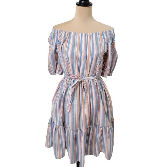 Harlow & Rose Size M "Washed Linen" color Pastel Stripe Tiered Knee-Length Dress - Picture 3 of 14